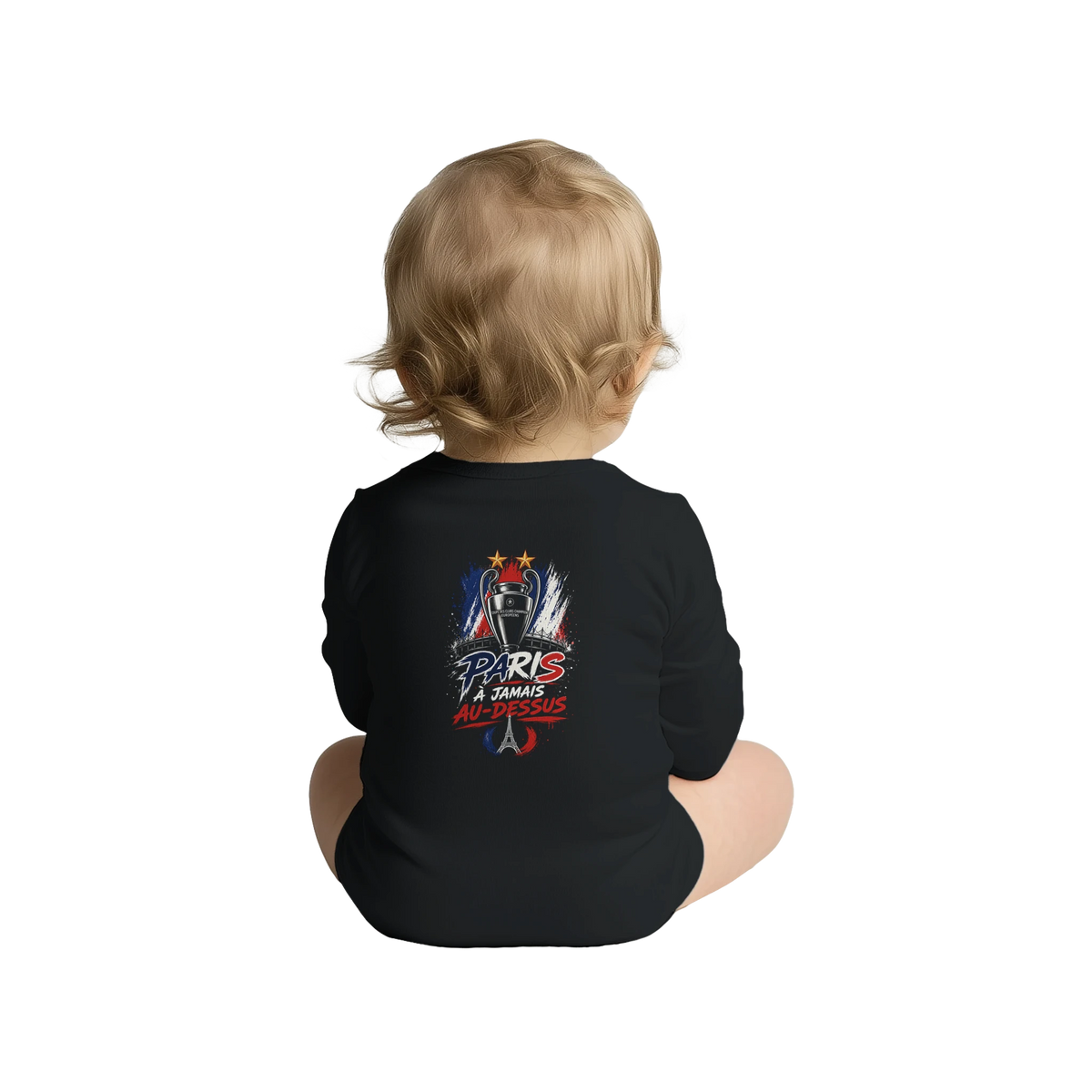 Détail impression logo au dos du body bébé À Jamais Au-Dessus